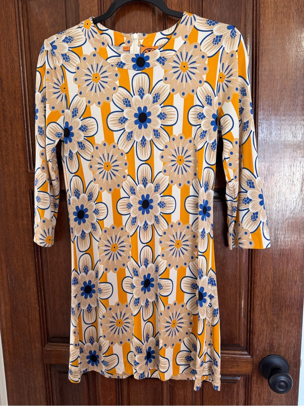 Tory Burch Mustard, Blue & Cream Floral Stripe Shift Silk Dress